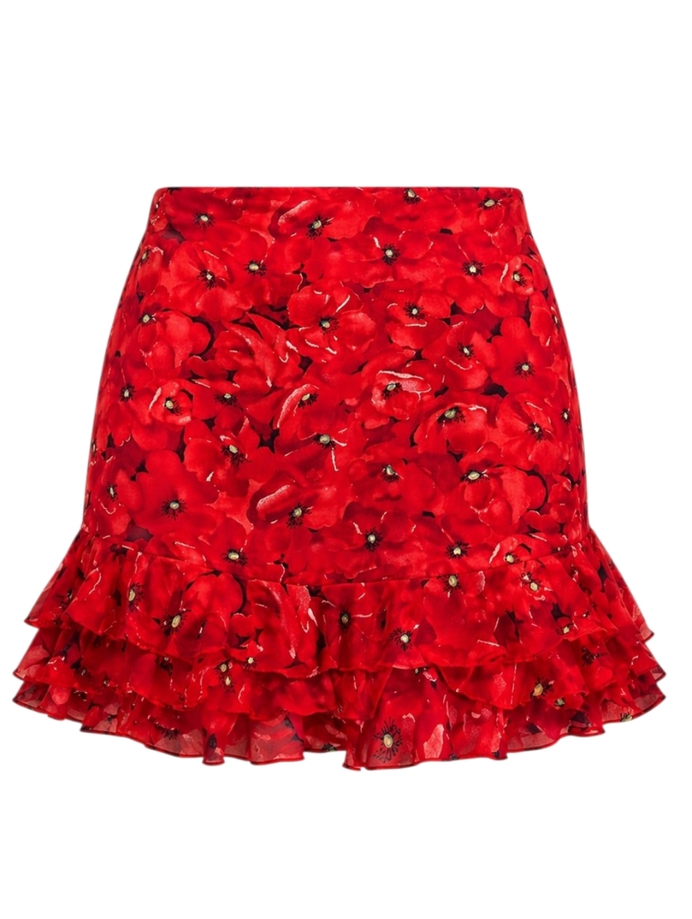 100% Silk Red Poppy Floral Mini Skirt Ruffle Hem Romantic Y2K Size 2 Muse